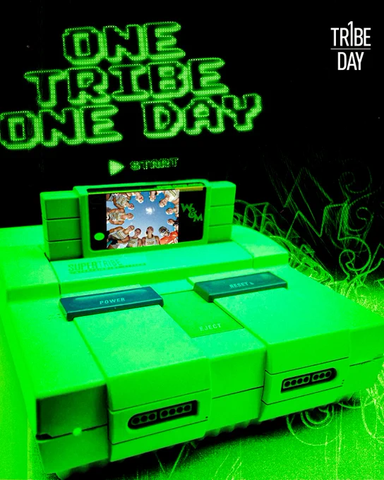 The graphic is for One Tribe One Day, celebrating the annual day of giving at William & Mary. The graphic is neon green in color with One Tribe One Day above a Super Nintendo gaming system with the game having a W&M logo on it as well as a Tribe field hockey team huddle. 