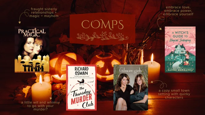 A picture of several jack-o-lanterns and candles on a wooden floor. A graphic over the picture reads: Comps. Around the graphic are the covers of two books, a movie, and a tv show with text next to them. They are as follows: Practical Magic: fraught sisterly relationships   magic = mayhem, The Thursday Murder Club: a little wit and whimsy to go with your murder?, Gilmore Girls: a cozy small town setting with quirky characters, and A Witch's Guide to Magical Innkeeping: embrace love, embrace power, embrace yourself.