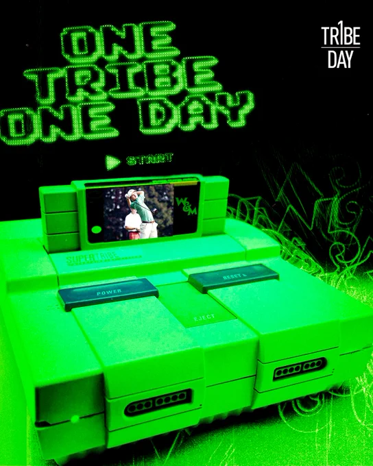 The graphic is for One Tribe One Day, celebrating the annual day of giving at William & Mary. The graphic is neon green in color with One Tribe One Day above a Super Nintendo gaming system with the game having a W&M logo on it as well as a photo of Luke Walmet driving the ball. 
