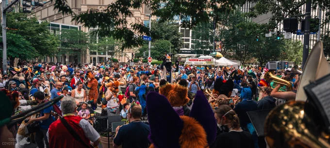 An overhead photo of the Block Party at Anthrocon 2025