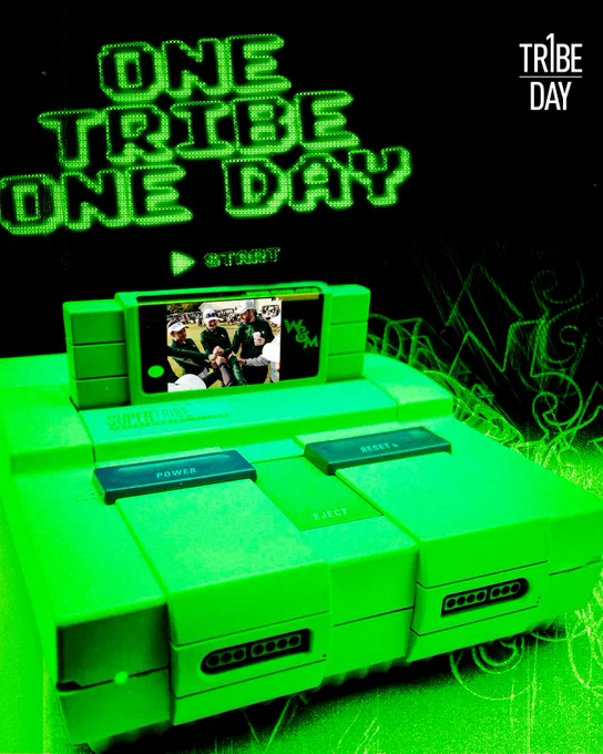 The graphic is for One Tribe One Day, celebrating the annual day of giving at William & Mary. The graphic is neon green in color with One Tribe One Day above a Super Nintendo gaming system with the game having a W&M logo on it as well as a Tribe women's golf huddle from the Kingsmill Intercollegiate.