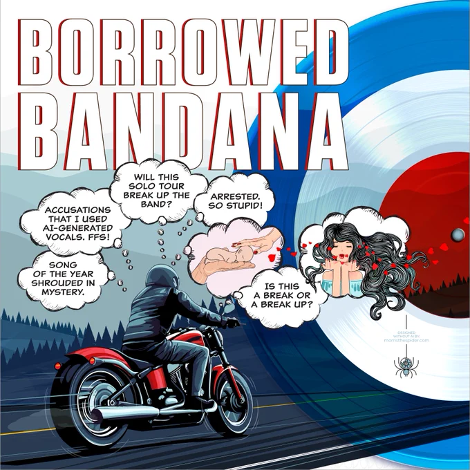 Borrowed Bandana illustration featuring a man riding a motorcycle in the mountains with several balloon bubble thoughts over his head. 