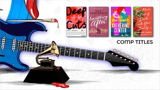 Borrowed Bandana agent's guide featuring illustrations of an electric guitar, a paintbrush, and a Grammy clustered near four comparable book titles.