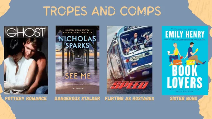 Background is yellow with an overlay of gray blue torn page. Titles with TROPES AND COMPS. Movie poster for "Ghost" captioned with the trope 'Pottery Romance'. Book cover of Nicholas Spark's "See Me" captioned with the trope 'Dangerous Stalker'. Movie poster for the movie "Speed" captioned with the trope 'Flirting as hostages'. Book cover of Emily Henry's "Book Lovers" captioned with the trope 'Sister bond'. 