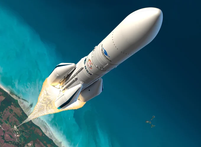Artist's view of Ariane 6 flying with four boosters, over varying shades of  turquoise blue ocean and launch site in distance