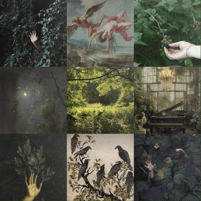 green-themed moodboard. From left to right and up to down: a hand reaching through tree bark and foliage; painting of Icarus as he falls by Gowy; a hand reaching to grasp some berries; a lightbulb attracting butterflies; a green-lit tree grove; a piano in a greenhouse below a chandelier; Houasse painting of Daphne’s hand growing foliage; stylised painting of many crows on a colourful branch; hands reaching through lily pads in pond water.