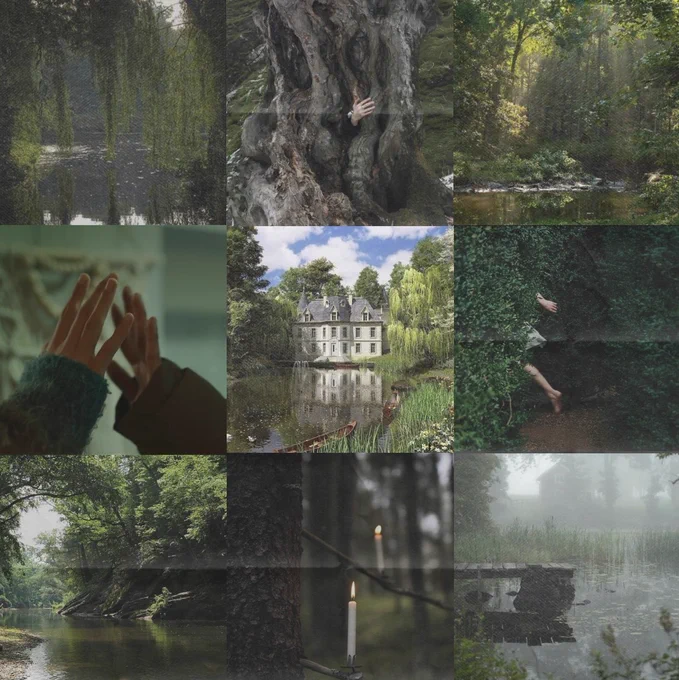green-themed moodboard featuring weeping willows reaching pond water, a hand reaching from a tree trunk, a lake surrounded by trees, hands reaching for each other, a house surrounded by trees and a lake, someone running out of sight in a maze, a lake surrounded by trees, candlesticks on tree branches, and a pier jutting out into lake water.