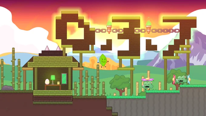 Leafy in a level with Bamboo, Bamboo Wood, Bamboo Wooden Platforms, a Branchspring Egg, a Springtop enemy, a Springside enemy, and text saying "0.3.7" made out of Bamboo Wood Walls.