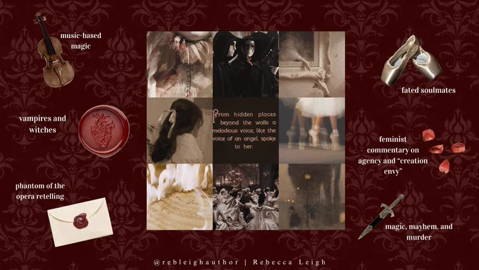 Music-based magic, vampires and witches, phantom of the opera retelling, fated soulmates, feminist commentary on agency and "creation envy," magic mayhem and murder. 