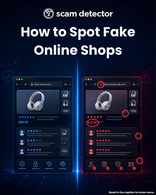 Split-screen infographic comparing a legitimate online store and a scam website. The left side shows a secure site with HTTPS, realistic pricing ($89.99), balanced reviews, and trust icons. The right side highlights a fake site with a suspicious URL, extremely low price ($12.99), overly positive reviews, and missing trust indicators, marked with red warning symbols.