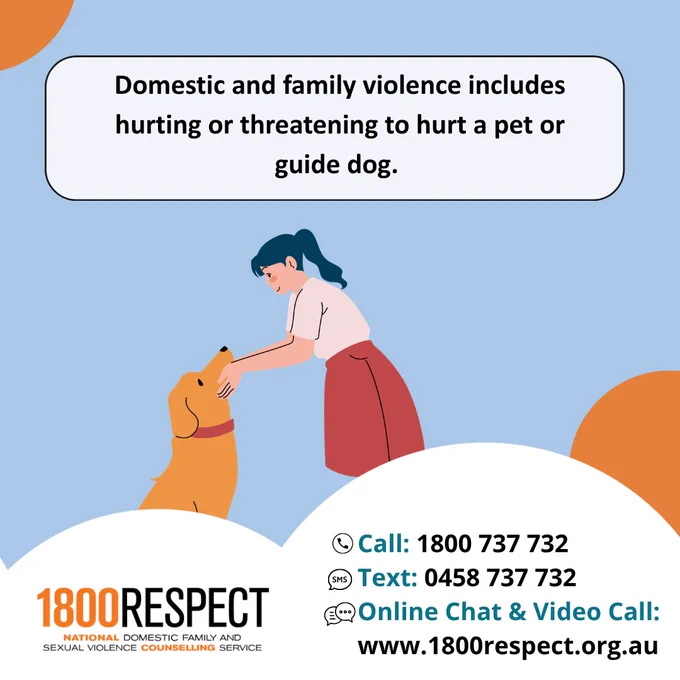 A tile that says “Domestic and family violence includes hurting or threatening to hurt a pet or guide dog.” The 1800RESPECT number 1800 737 732 and the text number 0458 737 732 and the website URL www.1800RESPECT.org.au for online chat and video call services are visible with the logo. 