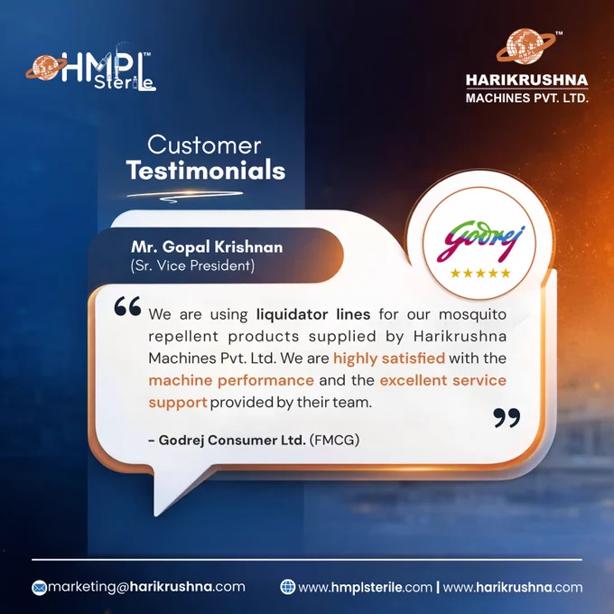 Real stories. Real results. 💬

At HMPL, every machine we deliver reflects our commitment to performance, precision, and customer trust.

From boosting production efficiency to ensuring flawless packaging quality, our solutions are helping businesses scale smarter and faster.

Your success drives everything we do, and we’re proud to be a part of your journey.

Ready to experience the HMPL difference? Let’s connect.

https://bit.ly/3sTghhd OR reach us at marketing@harikrushna.com

#HMPL #CustomerTestimonials #ClientSuccess #PackagingSolutions #EngineeringExcellence #Automation #Manufacturing #TrustedPartner #HarikrushnaMachines #HMPLSterile