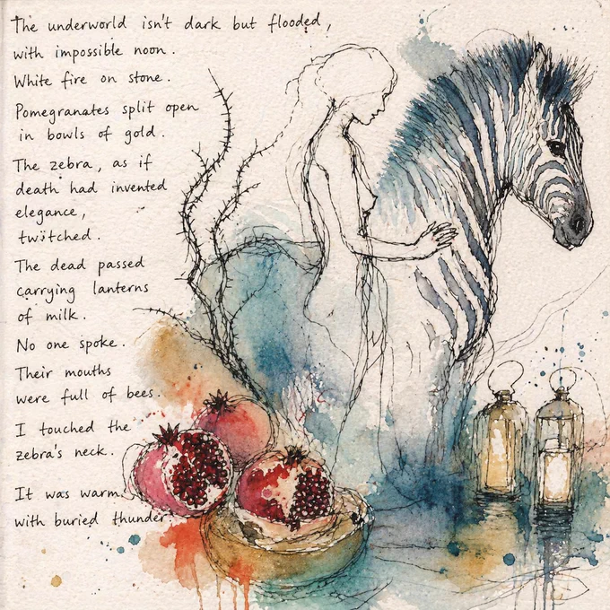 Journal-style mixed media illustration of a ghostly human figure touching a zebra, drawn in loose ink lines and blue-grey watercolour washes, surrounded by thorn branches, split pomegranates, glowing lanterns, and handwritten poetic text across a sketchbook-like page.