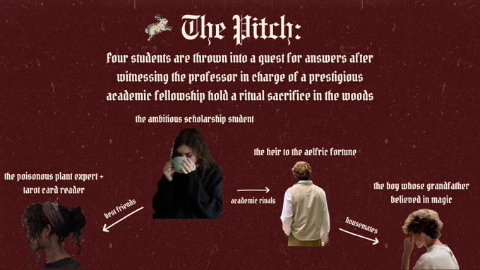 The Pitch: 

Four students are thrown into a quest for answers after witnessing the professor in charge of a prestigious academic fellowship hold a ritual sacrifice in the woods

The ambitious scholarship student, the heir to the Aelfric fortune, the boy whose grandfather believed in magic and the poisonous plant expert/tarot card reader