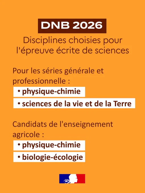 DNB session 2026 - disciplines choisies pour l'épreuve écrite de sciences

Pour les séries générale et professionnelle : physique-chimie et sciences de la vie et de la Terre
Pour les candidats de l'enseignement agricole : physique-chimie et biologie-écologie