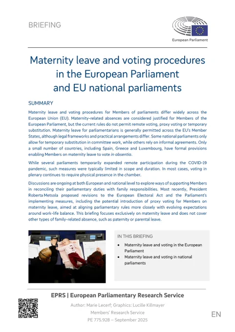 EPRS briefing summary on Maternity leave and voting procedures in the European Parliament and EU national parliaments (September 2025)
