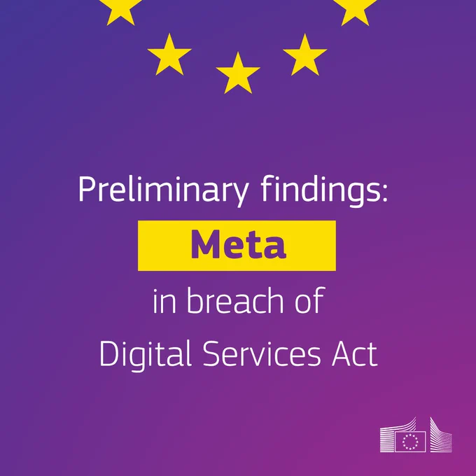 Purple graphic with yellow stars resembling the EU flag. White text reads: “Preliminary findings: Meta in breach of Digital Services Act,” with “Meta” highlighted in a yellow box. A small European Commission logo appears in the bottom right corner.
