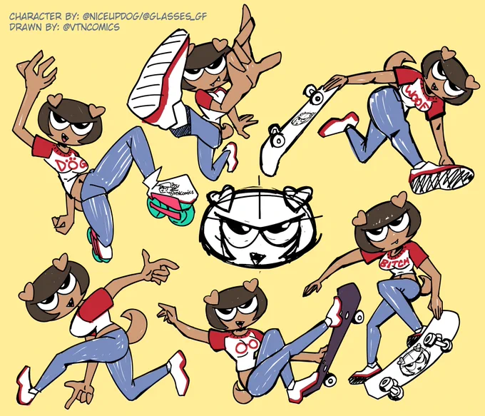 Avatar of @niceupdog's pngtuber avatar in various skater poses.