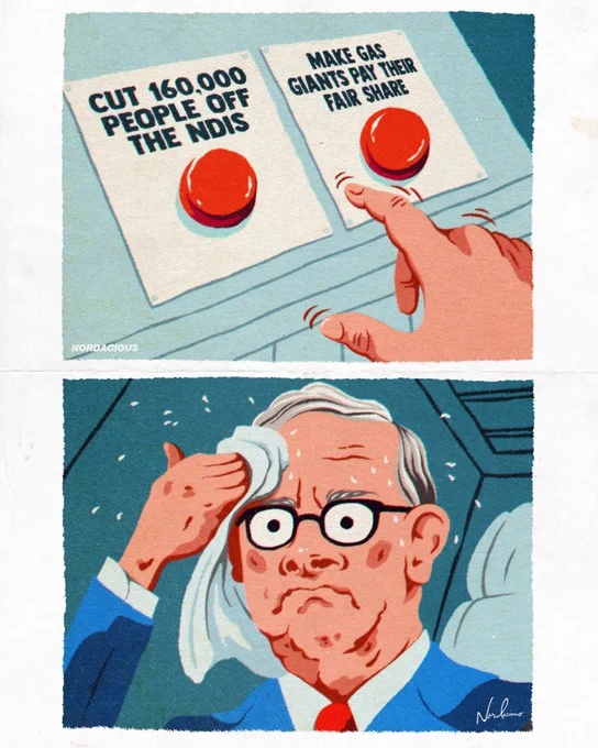 Satirical cartoon of Anthony Albanese sweating over two buttons: one to cut 160,000 people from the NDIS, the other to properly tax gas profits. The image highlights the tension between reducing disability support and under-taxing resource companies.