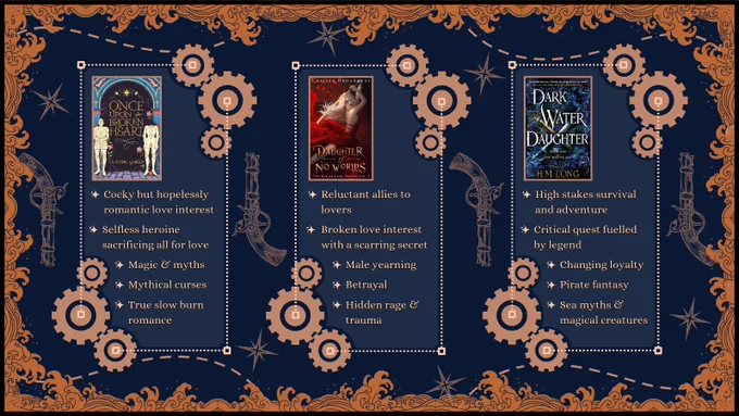Comp Titles:

Once Upon A Broken Heart (Stephanie Garber)
- Cocky but hopelessly romantic love interest
- Selfless heroine sacrificing all for love
- Magic and myths
- Betrayal
- True slow burn romance

Daughter Of  No Worlds (Carissa Broadbent)
- Reluctant allies to lovers
- Broken love interest with a scarring secret
- Male yearning
- Betrayal
- Hidden rage & trauma

Dark Water Daughter (H. M. Long)
- High stakes survival and adventure
- Critical quest fuelled by legend
- Changing loyalty
- Pirate fantasy
- Sea myths & magical creatures
