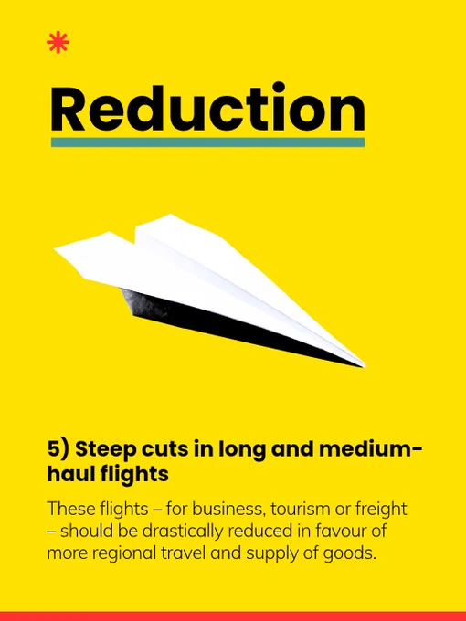 5) Steep cuts in long and medium-haul flights: These flights – for business, tourism or freight – should be drastically reduced in favour of more regional travel and supply of goods.  
