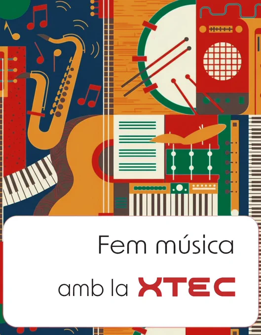 fons d'instruments musicals de colors amb text a sobre "fem música amb la xtec"