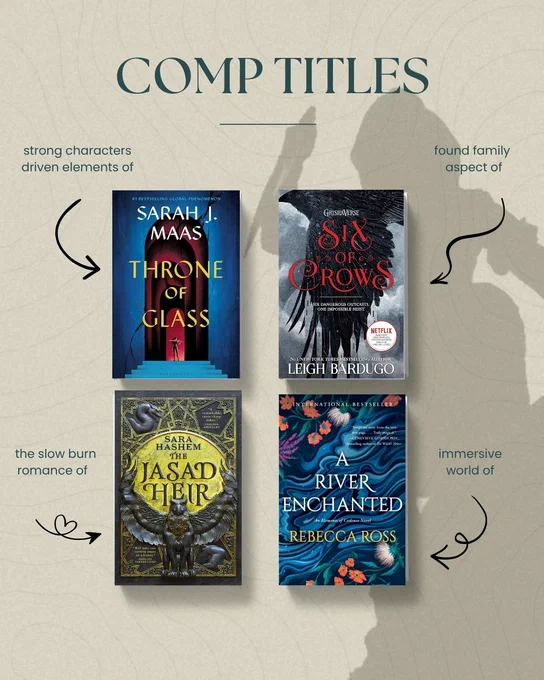 Comp title include throne of glass, six of crows, the jasad heir, and a river enchanted