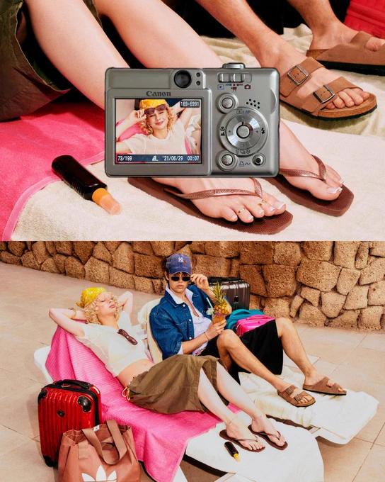 Two images stacked above each other with two people wearing sandals whilst laying on sun loungers with a digital camera overlaying the image. 