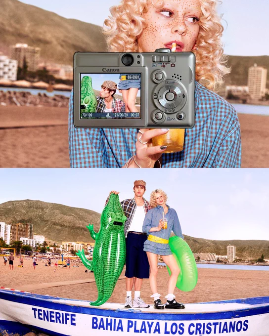 Two images stacked above each other with two people holding pool floats whilst standing on a white boat on a beach with a digital camera overlaying the image.