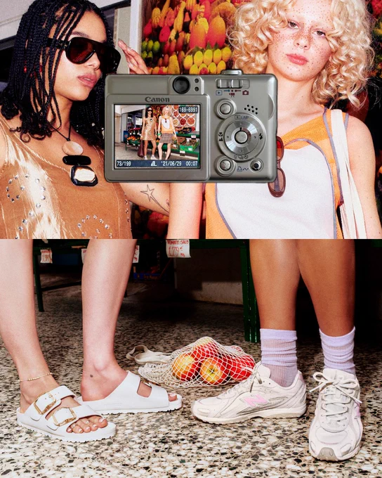 Two images stacked above each other with two people wearing pairs of New Balance and BIRKENSTOCK shoes standing on a stone floor with a digital camera coverlaying the image.
