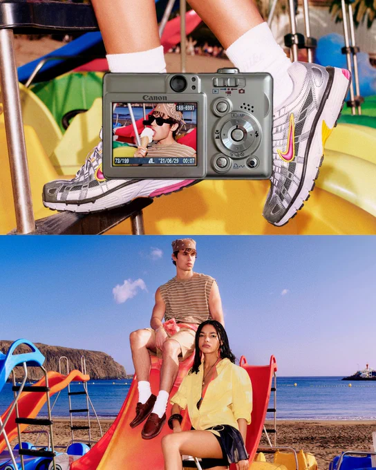 Two images stacked above each other with two people sitting on a red slide at a beach with a digital camera overlaying the image.