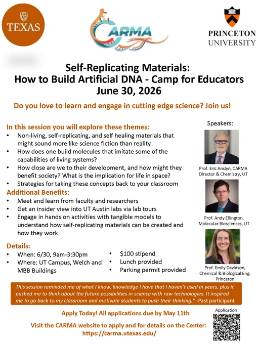 The CARMA flyer includes the date (June 30), time (9 a.m.) and location (UT campus, Welch and MBB buildings).