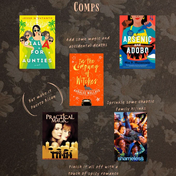Background is of white daisies with a black overlay.

Text Reads:

Comps:

(Books left to right)
Dial A for Aunties by Jesse Q. Sutanto
In the Company of Witches by Auralee Wallace
Arsenic and Adobo by Mia P. Manansala

Text in the center, above In the Company of Witches, reads Add some magic and accidental deaths

Bottom Movie/TV Images:

Left:
Practical Magic with the text above it reading: (But make it Puerto Rican)

Right:
Shameless with the text above it reading: Sprinkle some chaotic family hijinks

Bottom text reads:
Finish it all off with a touch of spicy romance