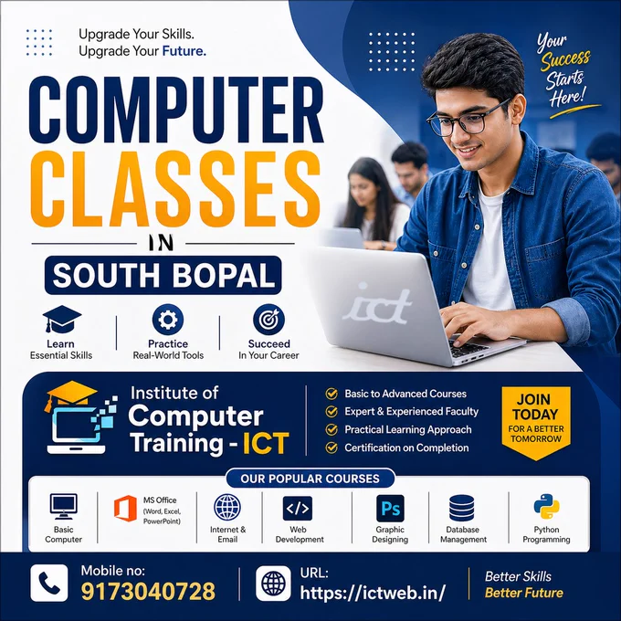 Upgrade Your Skills. Upgrade Your Future!

Looking for the best Computer Classes in South Bopal?

Join Institute of Computer Training - ICT and start your journey towards a successful career in IT.

💻ICT - Institute of Computer Training
📍Location: SoBo Center, South Bopal, Ahmedabad
📞 Call Now: 9173040728


