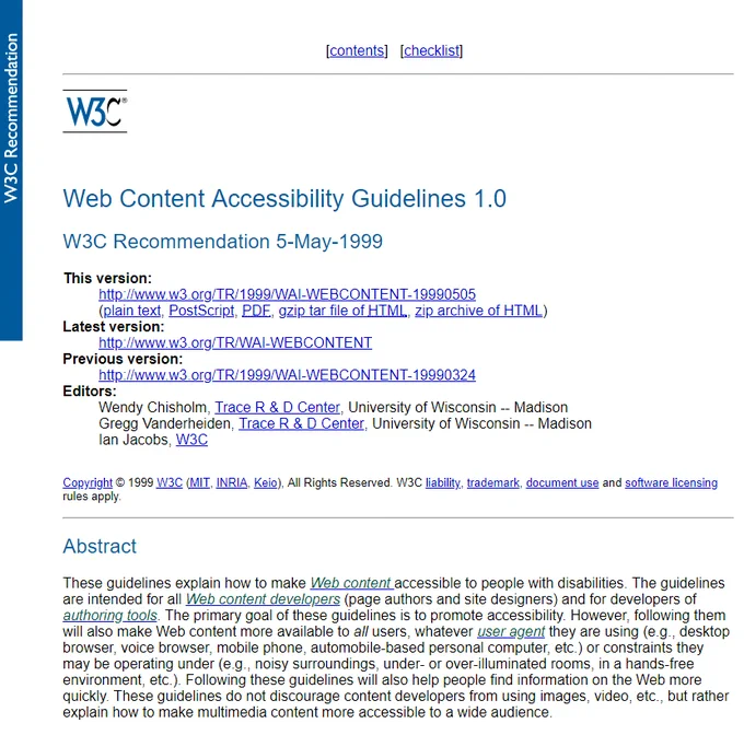 Web Content Accessibility Guidelines (WCAG 1.0) in 1999