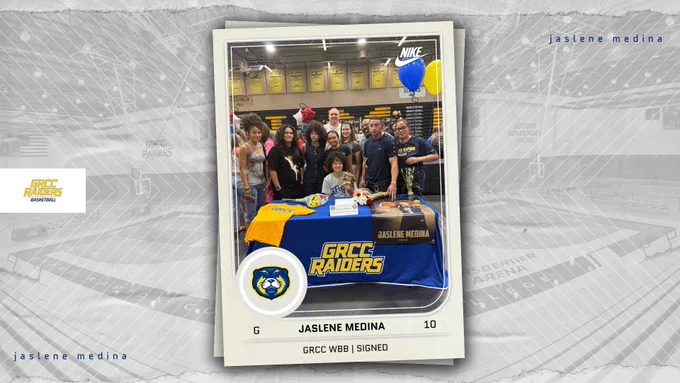 Graphic includes a picture of a student athlete holding her puppy with her family, friends, and coaches behind her. She has just signed her National Letter of Intent to play college basketball