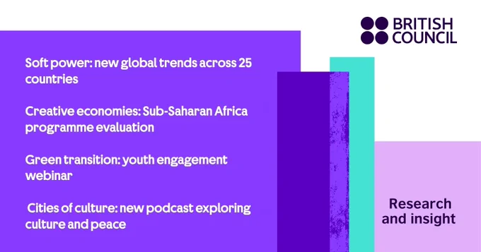 Soft power: new global trends across 25 countries

Creative economies: Sub-Saharan Africa programme evaluation

Green transition: youth engagement webinar

 Cities of culture: new podcast exploring culture and peace
