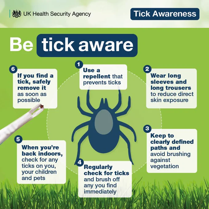 Be tick aware

1
Use a repellent that prevents ticks

2
Wear long sleeves and long trousers
to reduce direct skin exposure

3
Keep to clearly defined paths
and avoid brushing against vegetation

4
Regularly check for ticks
and brush off any you find immediately

5
When you're back indoors,
check for any ticks on you, your children and pets

6
If you find a tick, safely remove it
as soon as possible