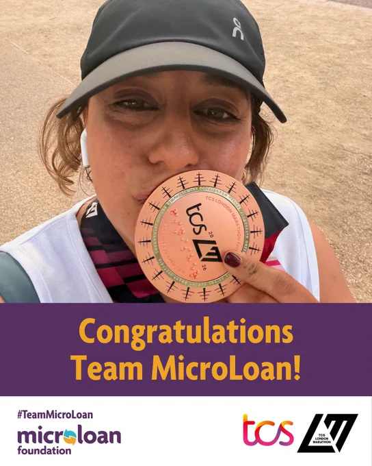A photo of marathon runner Joti kissing her medal. Below it says ‘Congratulations Team MicroLoan!’ In the bottom left corner is the the hashtag #TeamMicroLoan above the MicroLoan Foundation logo. In the bottom right corner is the TCS London Marathon logo.