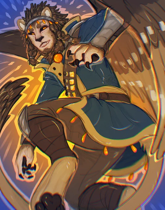 A colourful and crunchy artwork of an anthropomorphic Sphinx character