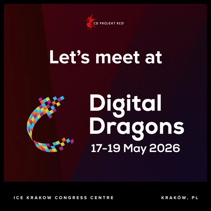 Graphic with the CD Projekt Red logo and text reading, "Let’s meet at Digital Dragons 17-19 May 2026." Footer reads, "Ice Krakow Congress Centre" and "Kraków, PL" on a dark red gradient background.