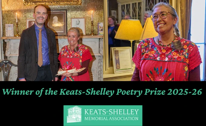 Photographs by Maddmann Photography. 

The photo on the left shows Pascale Petit receiving the Keats-Shelley Poetry Prize 2025-2026 from Chair of Judges Rupert Christiansen.  The photo on the right is of Pascale pictured at the Keats-Shelley Award Ceremony in London.  

