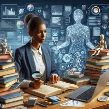 image of a researcher with piles of books