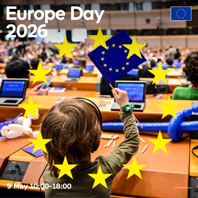 Visual showing a child at a Europe Day event, waving a European flag. The text is promoting Europe Day 2026 happening on 9 May from 10:00-18:00. There is an EU logo in the top left-hand corner.
