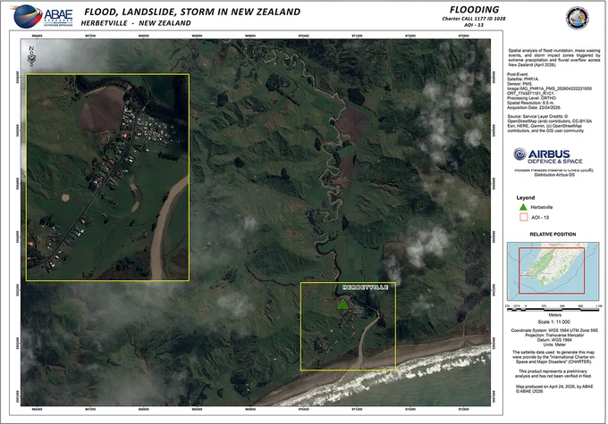 Map of Herbetville in New Zealand. The map uses Pleiades imagery from 22 April to analyse the impact of floods and landslides.