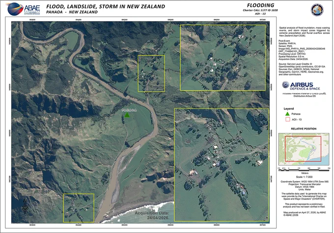 Map ofPahaoa in New Zealand. The map uses Pleiades imagery from 24 April to analyse the impact of floods and landslides.