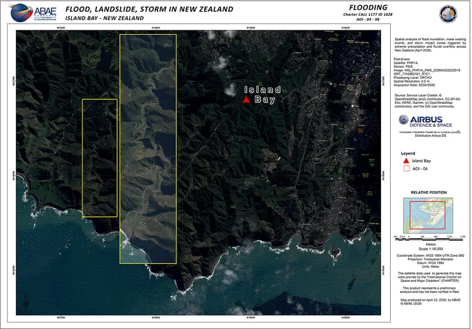 Map of Island Bay in New Zealand. The map uses Pleiades imagery from 22 April to analyse the impact of floods and landslides.