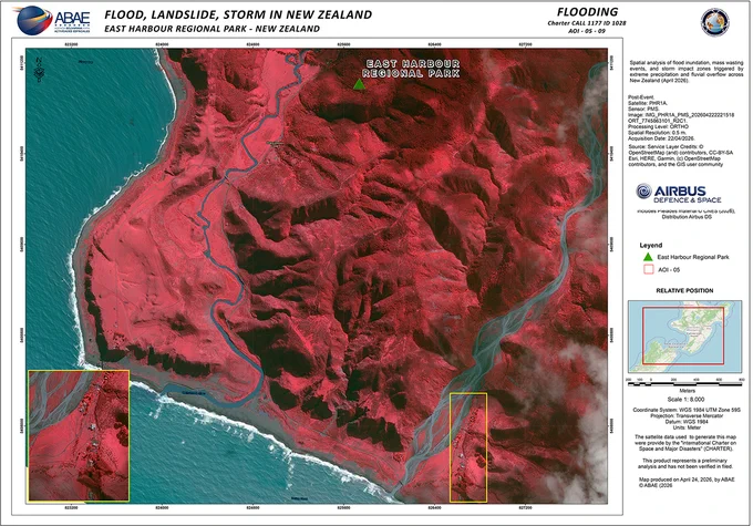 Map of East Harbour in New Zealand. The map uses Pleiades imagery from 22 April to analyse the impact of floods and landslides.