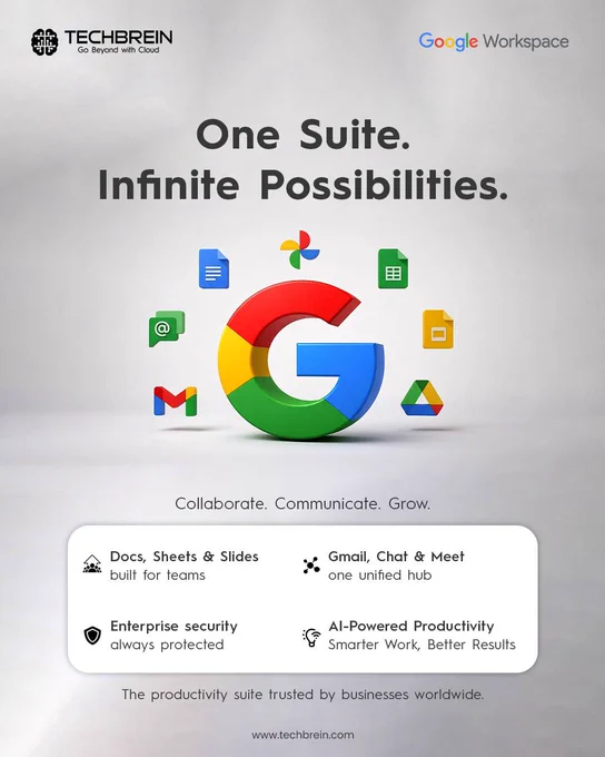 Smarter collaboration. Faster decisions. Measurable results.

Scattered tools and disconnected workflows can slow your team down. Google Workspace brings communication, collaboration,
and automation together in one secure platform – so your teams can focus on driving growth, streamlining operations,
and making informed business decisions.

Discover how your business can work smarter:
https://techbrein.com/solutions/google-workspace/

#GoogleWorkspace #B2B #BusinessProductivity #TeamCollaboration #DigitalTransformation #EnterpriseSolutions