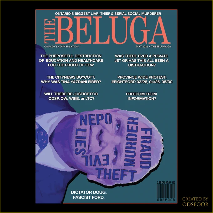 a turqoise background with peach title letters, this parody magazine features Doug Ford's face covered in words like Fraud, Evil, Lies... the body copy is spread around the top of the page, and is included in this tweet. 